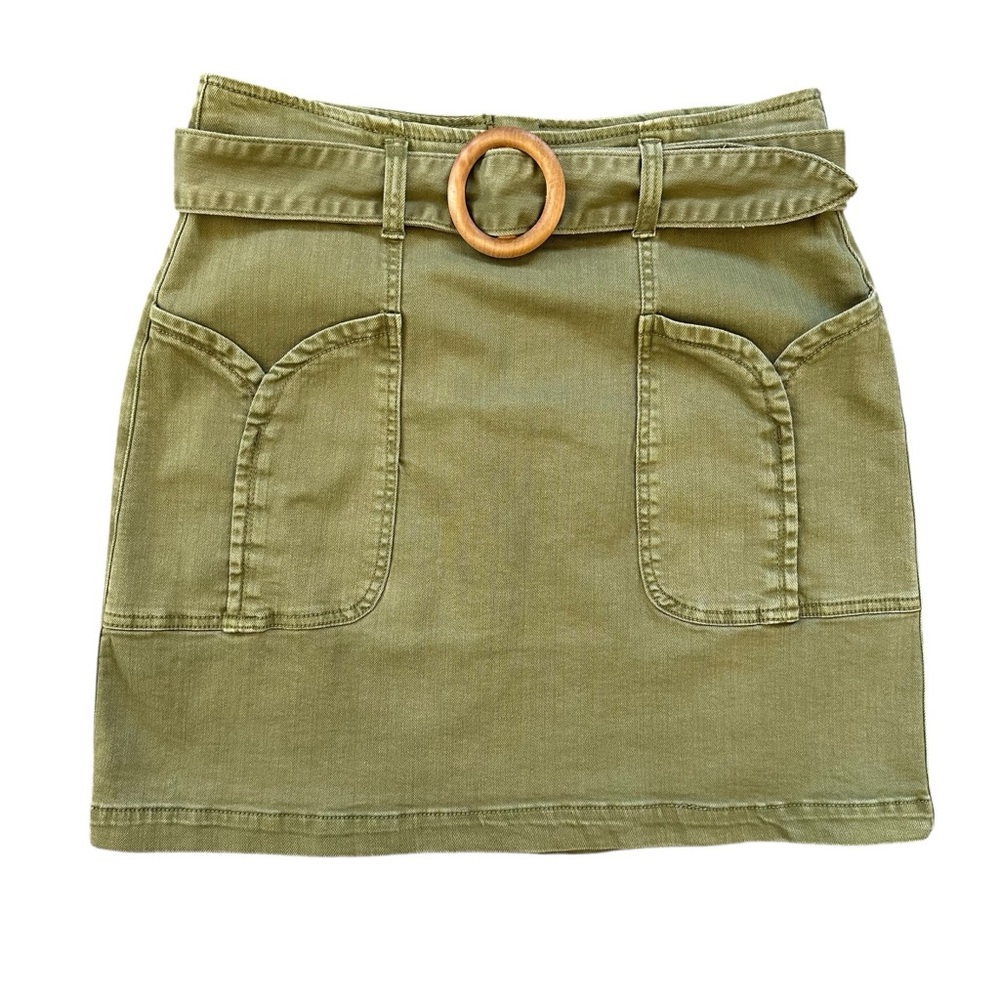 Anthropologie Pilcro Olive Green Belted Mod Boho Big Pockets Mini Skirt Size 8